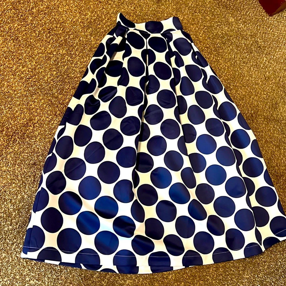 Satin skirt, formal length, polka dot, navy and white pleated